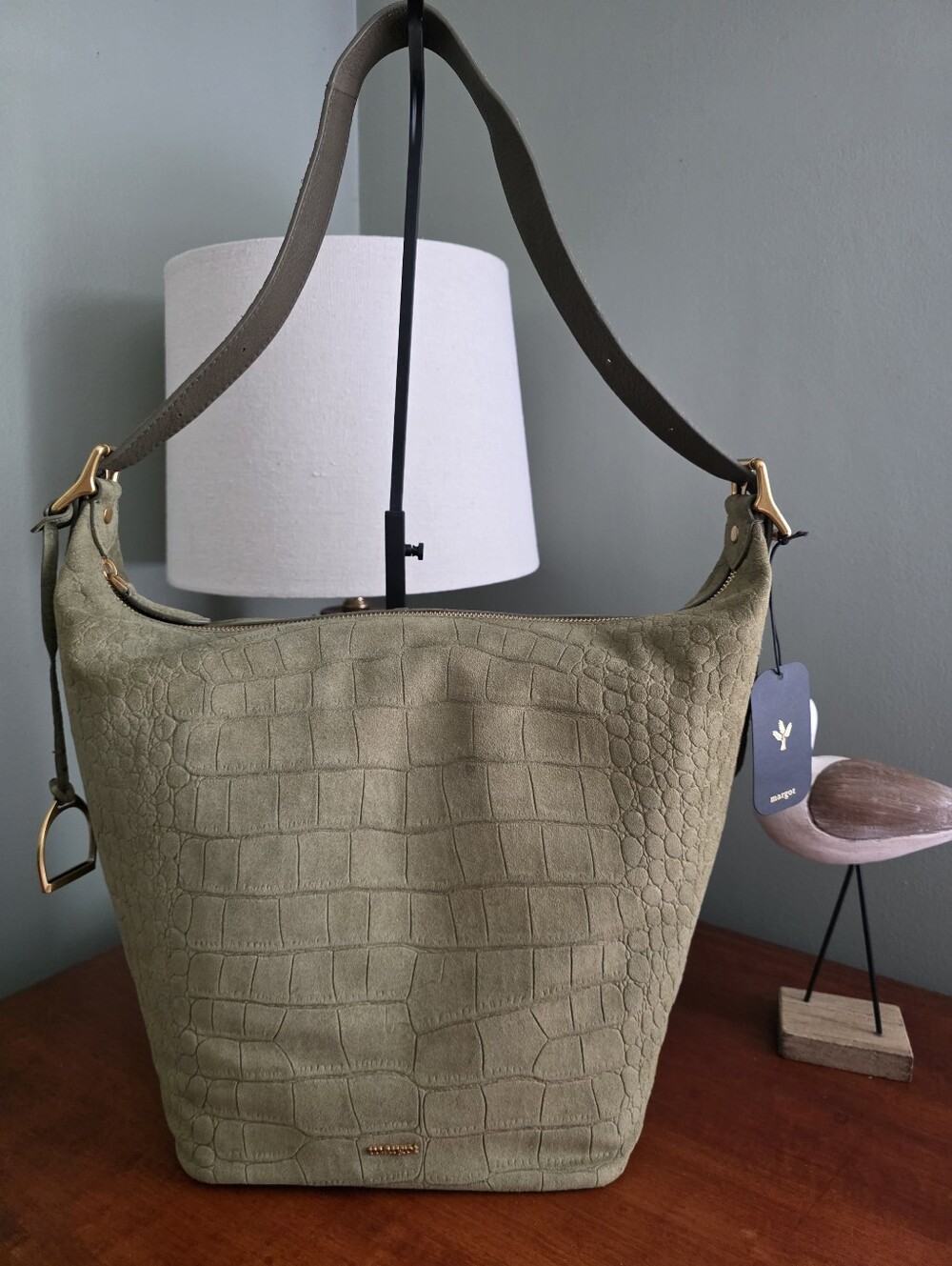 Margot Sienna Large Bucket Olive Croc Embossed Suede Leather Shoulder Bag NWT